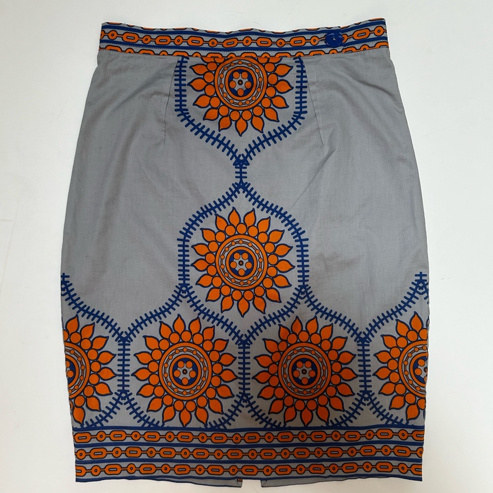 Anthropologie Plenty by Tracy Reece orange & blue mandala pencil skirt, Size 8.
